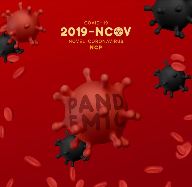Nieuw coronavirus (2019-nCoV). Virus Covid 19-NCP. Coronavirus nCoV aangeduid is enkelstrengs RNA-virus. Achtergrond met realistische 3d rode en zwarte viruscellen. vectorillustratie.