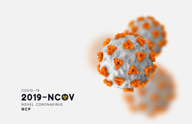 Nieuw coronavirus (2019-nCoV). Virus Covid 19-NCP. Coronavirus nCoV aangeduid is enkelstrengs RNA-virus. Achtergrond met realistische 3d witte en oranje viruscellen. SARS-CoV-2. vectorillustratie.