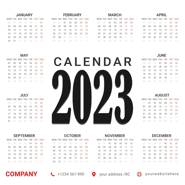 Nieuw jaar 2023 schone kalendersjabloon