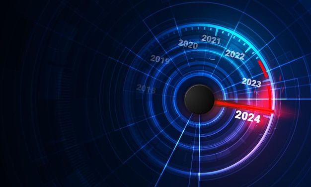 Vector nieuw jaar 2024 snelheidsmeter rode indicator op zwarte wazige achtergrond