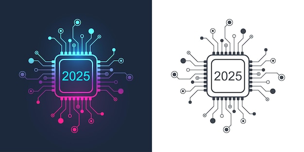 Nieuw jaar 2025 tekstontwerp op de chipcomponent microchip halfgeleider schakelbord processor