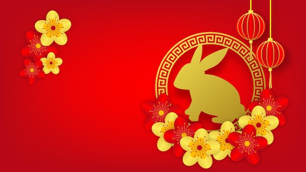 nieuw maanjaar achtergrondconcept. gouden konijn met rode lantaarns en geluksbloem met kopieerruimte