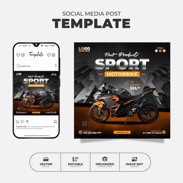 Nieuw product Sport Motor Social Media Instagram-feed en bannersjabloon