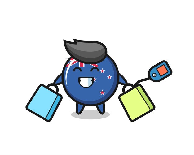 Nieuw-zeeland vlag badge mascotte cartoon met een boodschappentas, schattig stijlontwerp voor t-shirt, sticker, logo-element