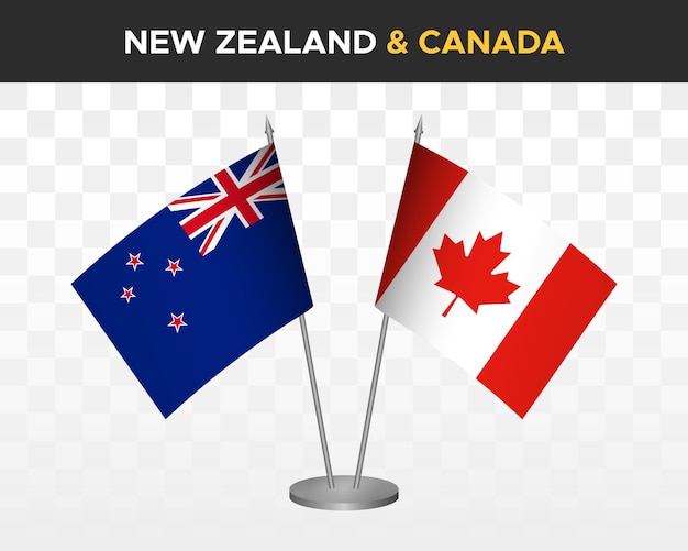 Nieuw-zeeland vs canada bureau vlaggen mockup geïsoleerde 3d vector illustratie tabel vlag