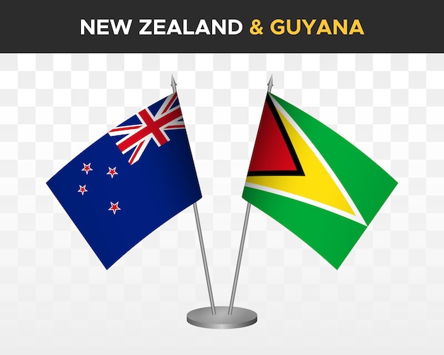 Nieuw-Zeeland vs Guyana Bureau vlaggen mockup geïsoleerde 3d vector illustratie tabel vlag