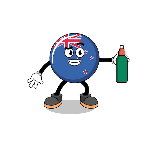 Nieuw-zeelandse vlag illustratie cartoon met muggenspray
