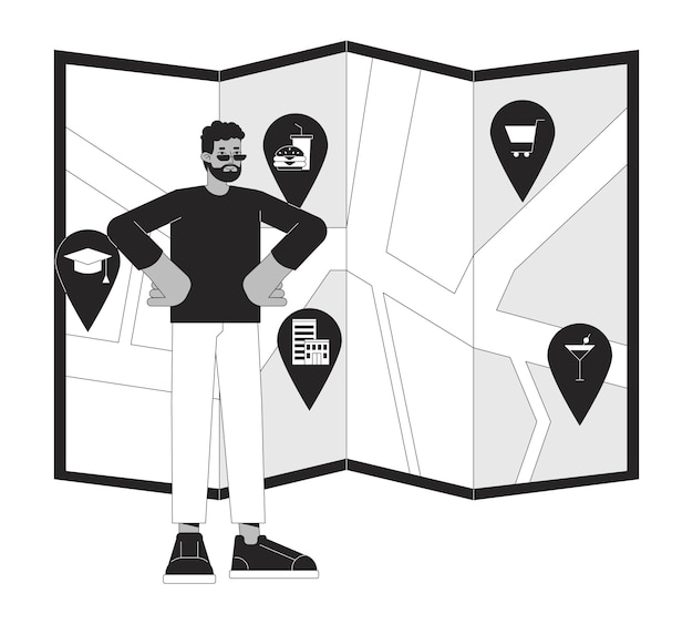 Nieuwe buurtverkenning zwart-wit 2D illustratie concept Kies thuislocatie Afro-Amerikaanse man stripfiguur overzicht geïsoleerd op wit Stedenbouwkundig plan metafoor monochrome vector kunst