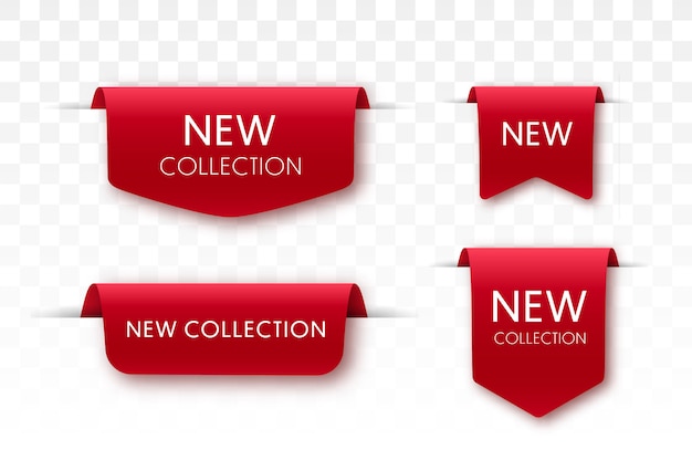 Nieuwe collectie Sale Tags. 3D-labels en badges. Rode schuiflinten. Vector Banners