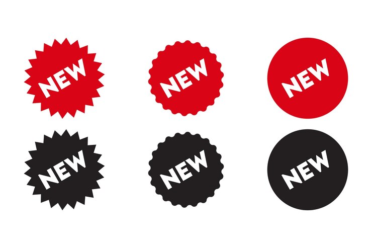 Nieuwe functie of nieuwe product badge icoon ingesteld Nieuwe product label voor web app en verpakking
