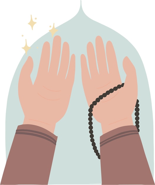 Nieuwe ramadan kareem ied fitr moslim gebed hand getekend met tasbih dua gebedskralen en moskee achtergrond esthetische illustratie