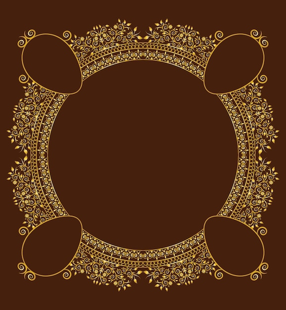 Nieuwe stijl gouden elegantie cirkel bloemen ornament rand frame ontwerp vector op donkerbruine kleur