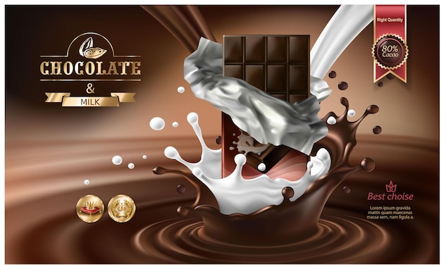 Nieuwe Vector 3D realistische illustratie spetteringen van gesmolten chocolade en melk met vallende chocolade