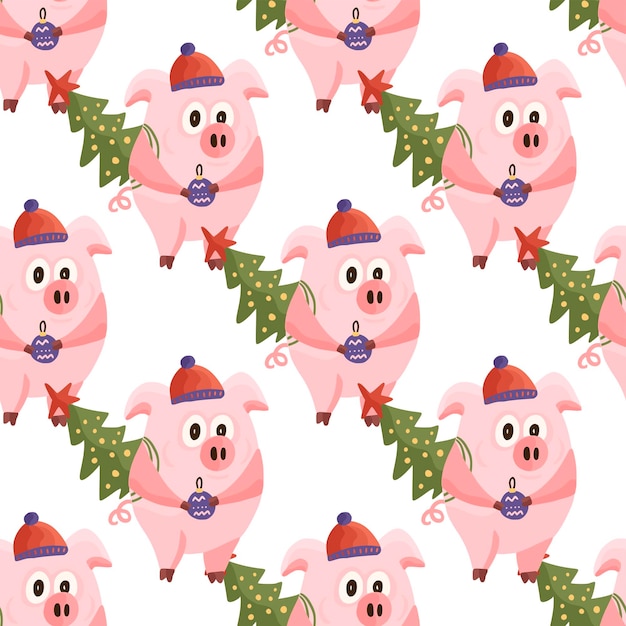 Nieuwjaar 2019 naadloze patroon met kerst cartoon platte roze varkens