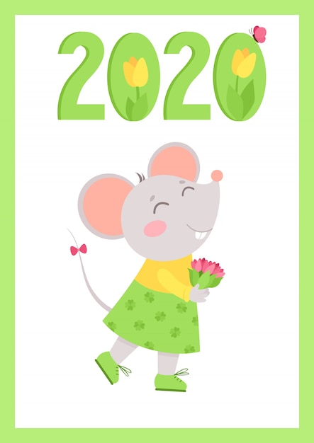 Nieuwjaar 2020 platte poster met muis sjabloon.