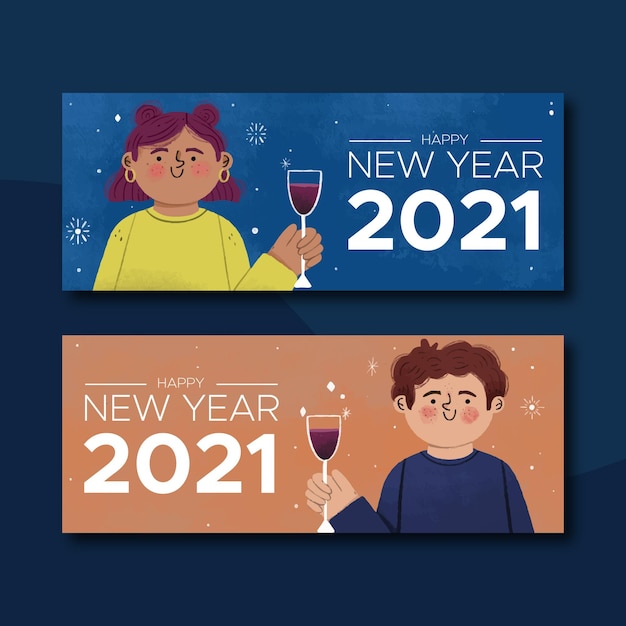 Nieuwjaar 2021-banners met karakters en champagne