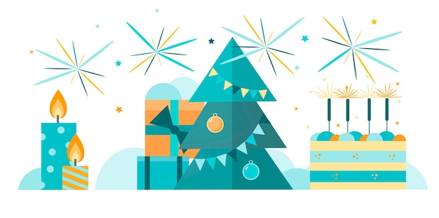 Nieuwjaar 2022 en kerstmis selebrating banner kaarsen vuurwerk cake met wonderkaarsen kerstboom met een slinger en geschenken vectorillustratie