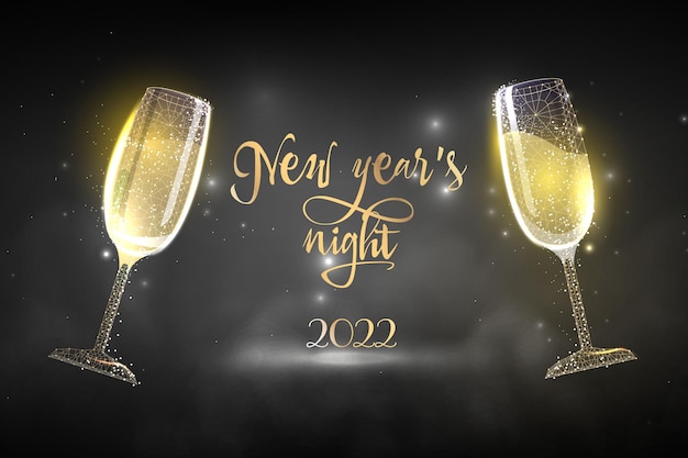 Vector nieuwjaar 2022 feestelijke banner met glazen champagne tegen de achtergrond van de sterrenhemel