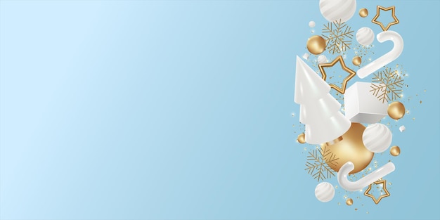 Nieuwjaar banner concept Realistische 3d kegel boom met gouden kerstballen sterren en sneeuwvlokken