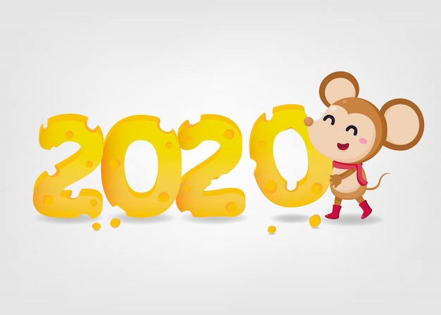 Nieuwjaar banner. gelukkig nieuwjaar 2020. het jaar van de rat. 2020 met boter en schattige rat op witte achtergrond.