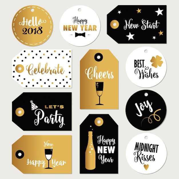 Nieuwjaar cadeau tags typografische ontwerp met illustraties en wensen. vakantie badges
