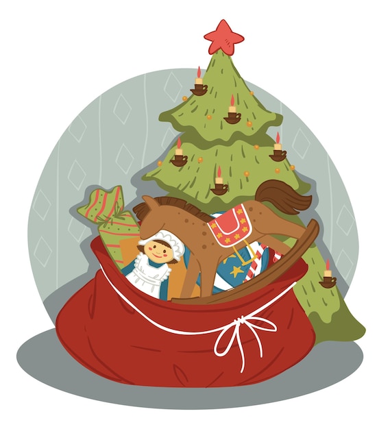 Nieuwjaar en kerst wintervakantie viering. kerstboom met ster en kaarsslingers. rode tas vol cadeautjes voor kinderen. poppen en snoepjes, groot paardenspeelgoed. vector in vlakke stijl