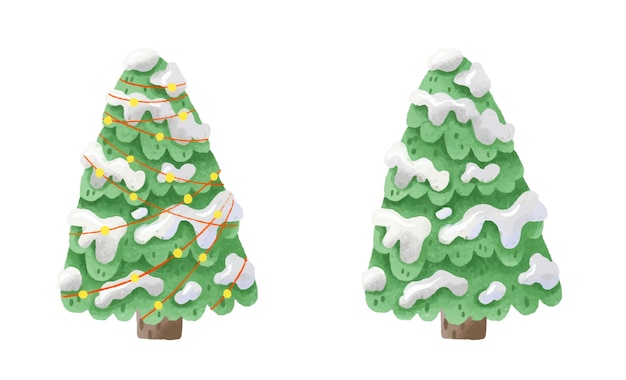 Nieuwjaar en kerstbomen met en zonder slingers, lichten linten Leuke cartoon geïsoleerd Dennen