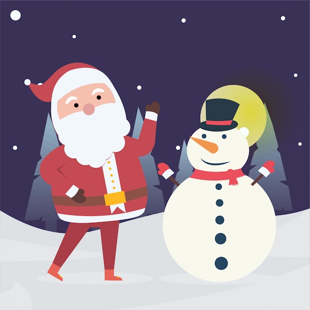 Vector nieuwjaar en kerstmis winter met de kerstman en sneeuwpop