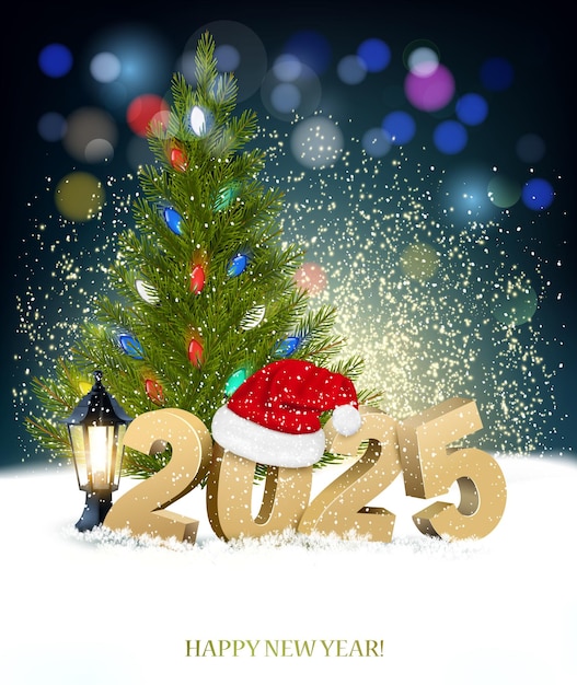 Nieuwjaar en Vrolijk Kerstfeest Achtergrond met 2025 en kleurrijke krans Vector Premium Vector