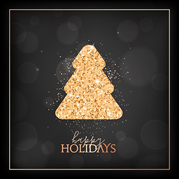 Nieuwjaar vakantieseizoen, merry christmas card met gouden glinsterende fir tree en happy holidays typografie. feestelijk ontwerp met spar op zwarte onscherpe achtergrond met gouden frame. vectorillustratie