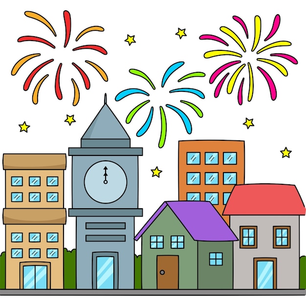 Nieuwjaar vuurwerk cartoon gekleurde clipart