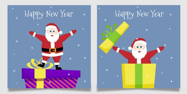Nieuwjaars- en kerstkaarten met schattige kerstman en geschenkdoos in cartoonstijl.