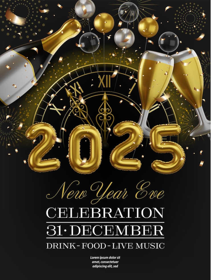 Vector nieuwjaarsfeest flyer met heliumballen klok en confetti 2025 nieuwjaarsviering achtergrond