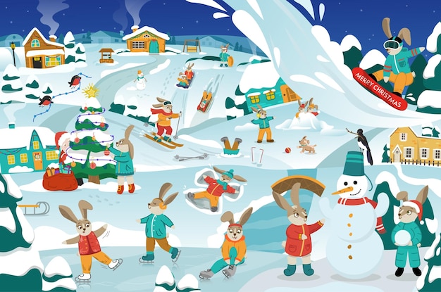 Nieuwjaarsillustratie met vrolijke konijnen die in de sneeuw spelen Kerstkaart met feestelijke dieren Vector illustratie