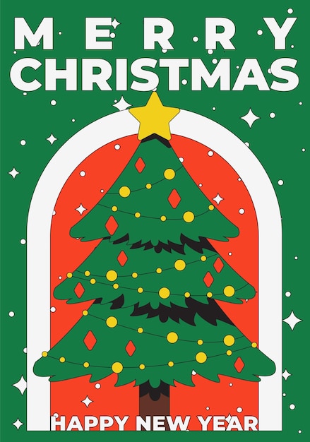 Nieuwjaarskaart met de afbeelding van een kerstboom in kerstballen
