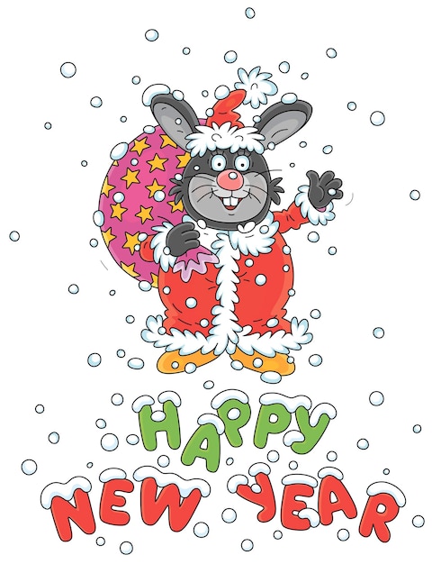 Nieuwjaarskaart met een grappig konijn in een kerstman kostuum met een grote tas met zoete vakantiegeschenken