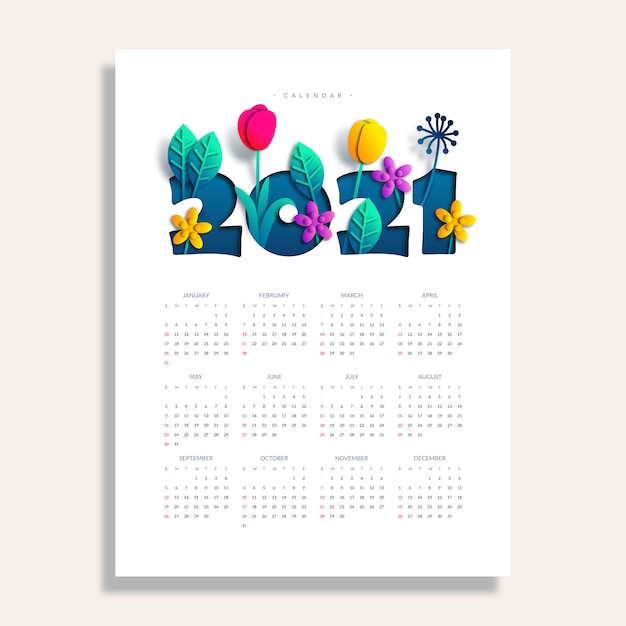 Nieuwjaarskalender met papier gesneden stijl floral element