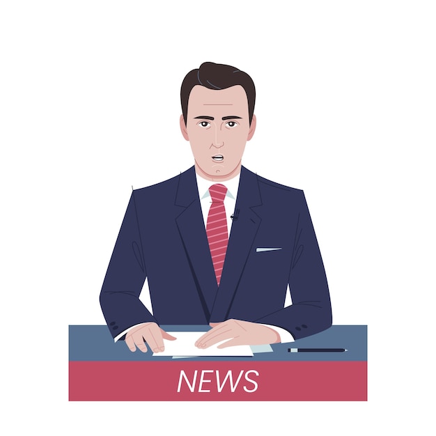 Nieuwsanker Cartoon blanke mannelijke nieuwslezer karakter Vector illustratie