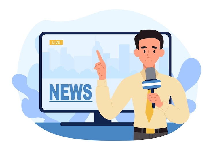 Vector nieuwsverslag op tv man met microfoon zendt informatie van de scène moderne technologieën en