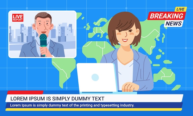 Nieuwsvrouw die het nieuws uitzendt met een verslaggever live op het scherm omroepers werken in de redactiekamer met wereldkaartachtergrond