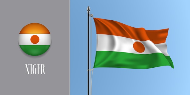 Niger waving flag on flagpole and round icon   illustration