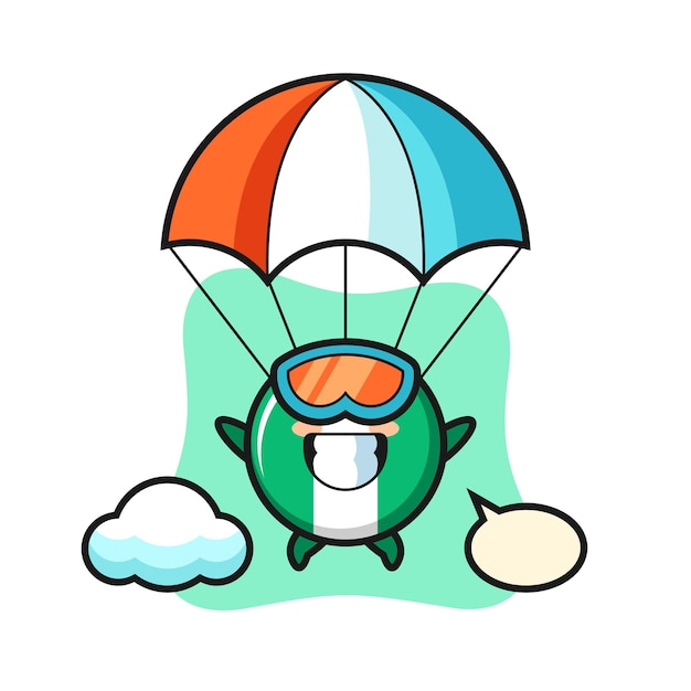 Nigeria flag badge mascot cartoon is skydiving with happy gesture