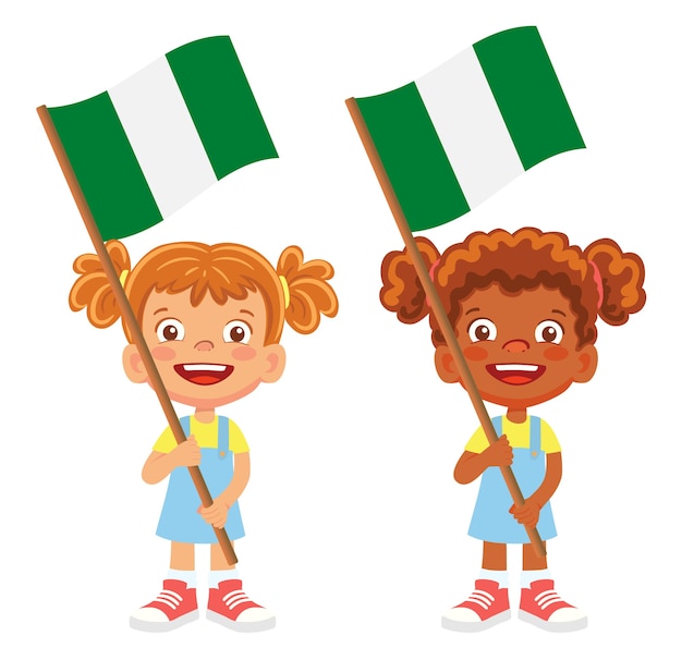 Bandiera della nigeria in mano. bambini che tengono bandiera. vettore di bandiera nazionale della nigeria