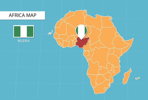 아프리카의 나이지리아 지도, 나이지리아 위치와 깃발을 보여주는 아이콘.