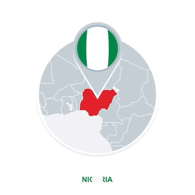 Nigeria map and flag vector map icon with highlighted Nigeria