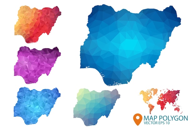 Vector nigeria map set of geometric rumpled triangular low poly style gradient graphic background