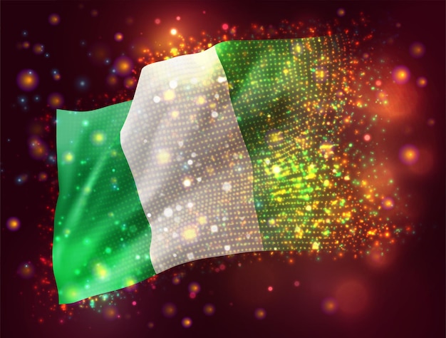 Nigeria, vector 3d flag on pink purple background with lighting and flares