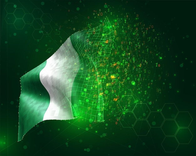 Nigeria, vector 3d vlag op groene achtergrond met veelhoeken en gegevensnummers