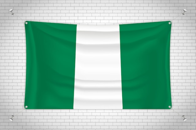 Nigeria vlag hangend aan bakstenen muur. 3D-tekening. Vlag aan de muur bevestigd. Netjes tekenen in groepen