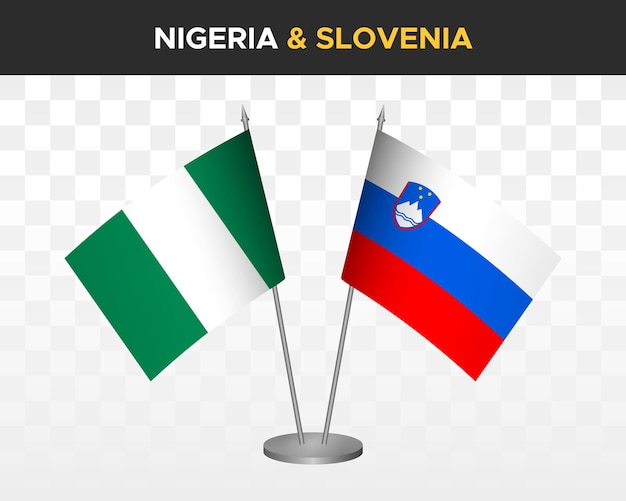 Nigeria vs Slovenië Bureauvlaggen mockup geïsoleerde 3d vector illustratie tafelvlaggen